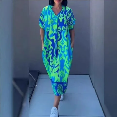 Boho Long Dress Elegant Women Summer 2025 Vneck Casual Floral Drawstring V-Neck Loose Holiday Beach Dresses Party Vestidos