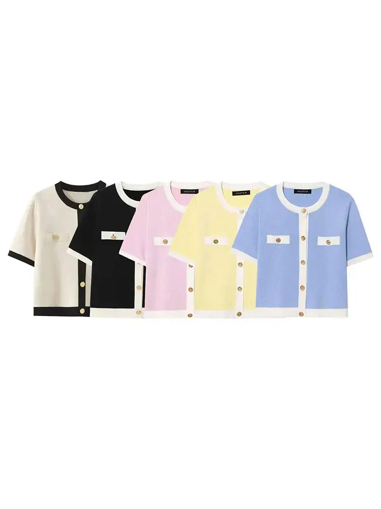 أنيقة المرأة سترة مشغولة من الصوف س الرقبة قصيرة الأكمام واحدة الصدر معاطف 2025 الصيف البرية الأساسية امرأة سترة