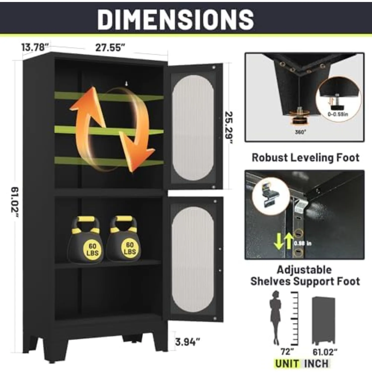 61" Black Pantry Storage Cabinet, Kitchen Pantry Cabinet with Acrylic Glass Doors and Shelves, with Adjustable Leveling view 2