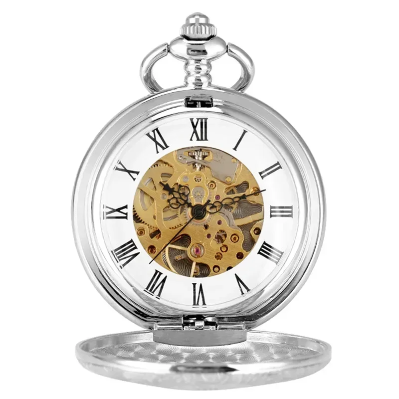 Luxury Silver Alloy Pocket Watches Hollow Double Hunter Vintage Roman Numberal Mechanical Hand Wind Pendant Chian Unisex Gifts