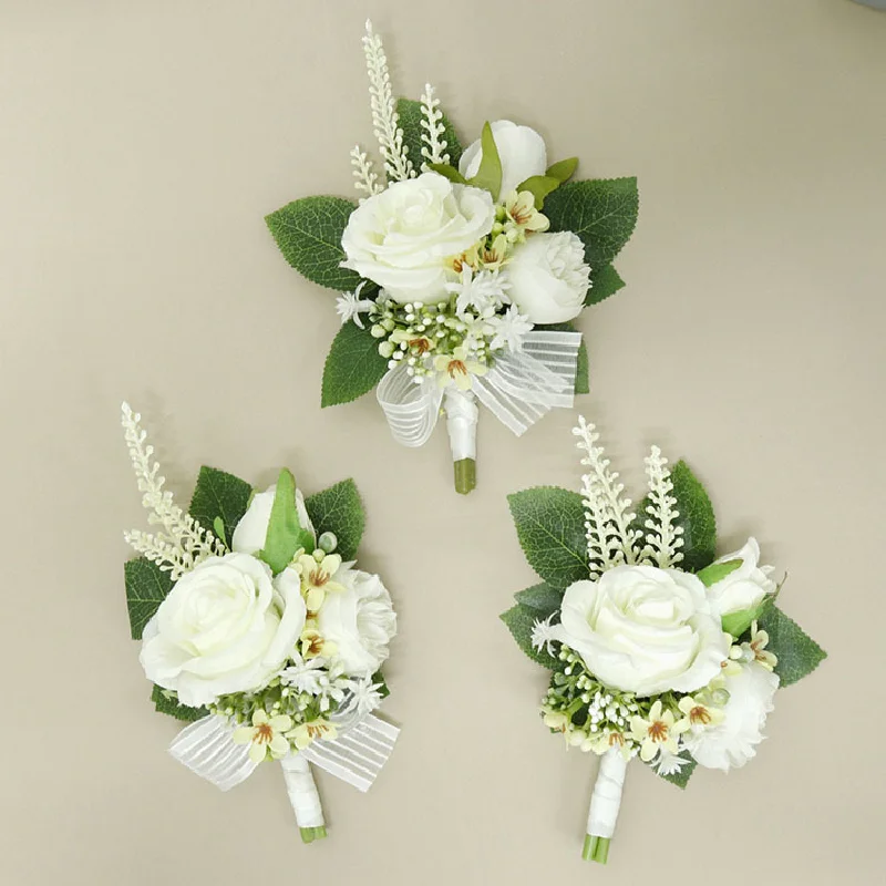 Boutonniere และข้อมือ corsag กุหลาบงานแต่งงานหัวดอกไม้พวงหรีดเจ้าสาวเพื่อนเจ้าสาว418ขาว