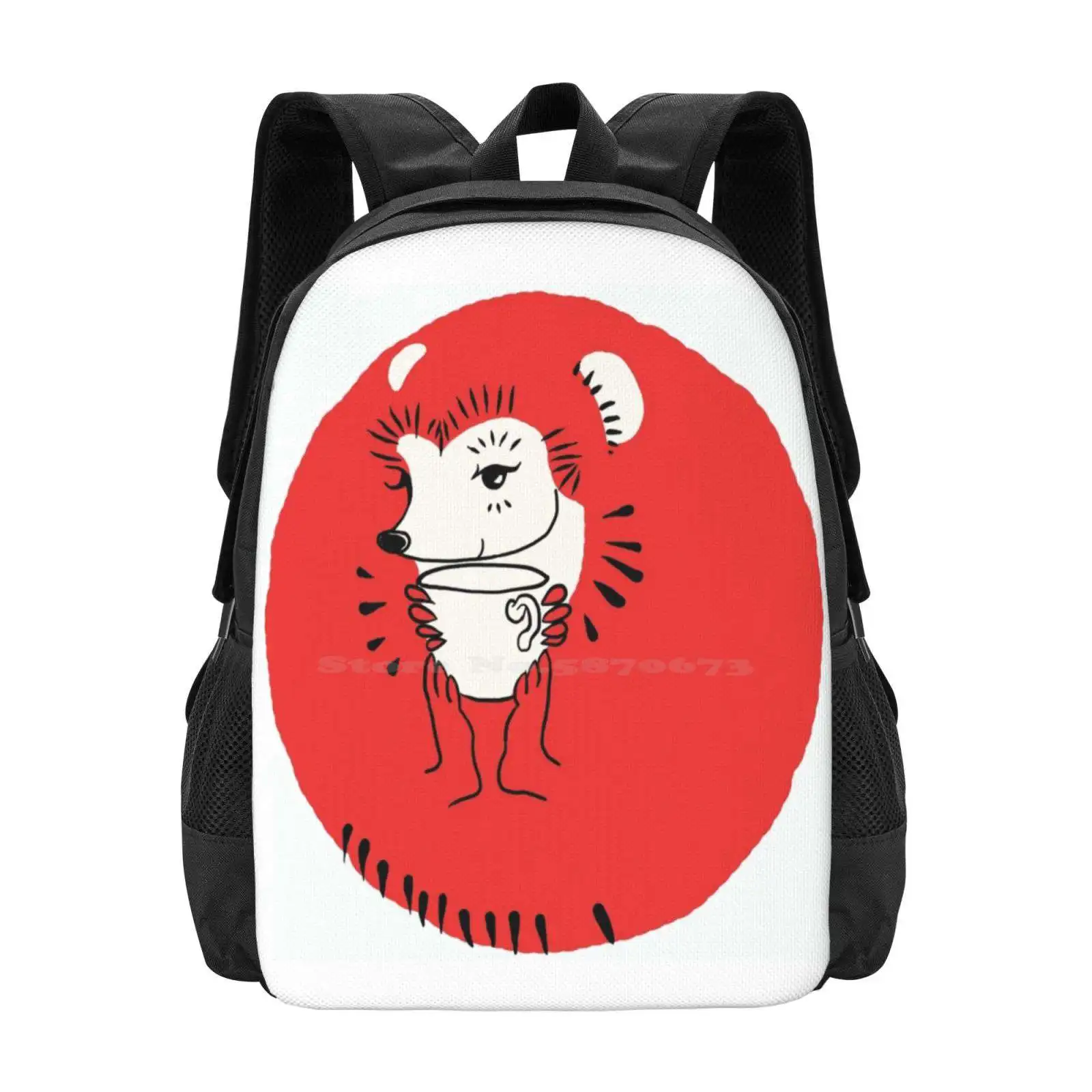 Tea Time For Hedgehog School Bags Travel Laptop Backpack Hedgehog Tea Hot Chocolate Hot Beverage Drinking Cozy Circle Dot