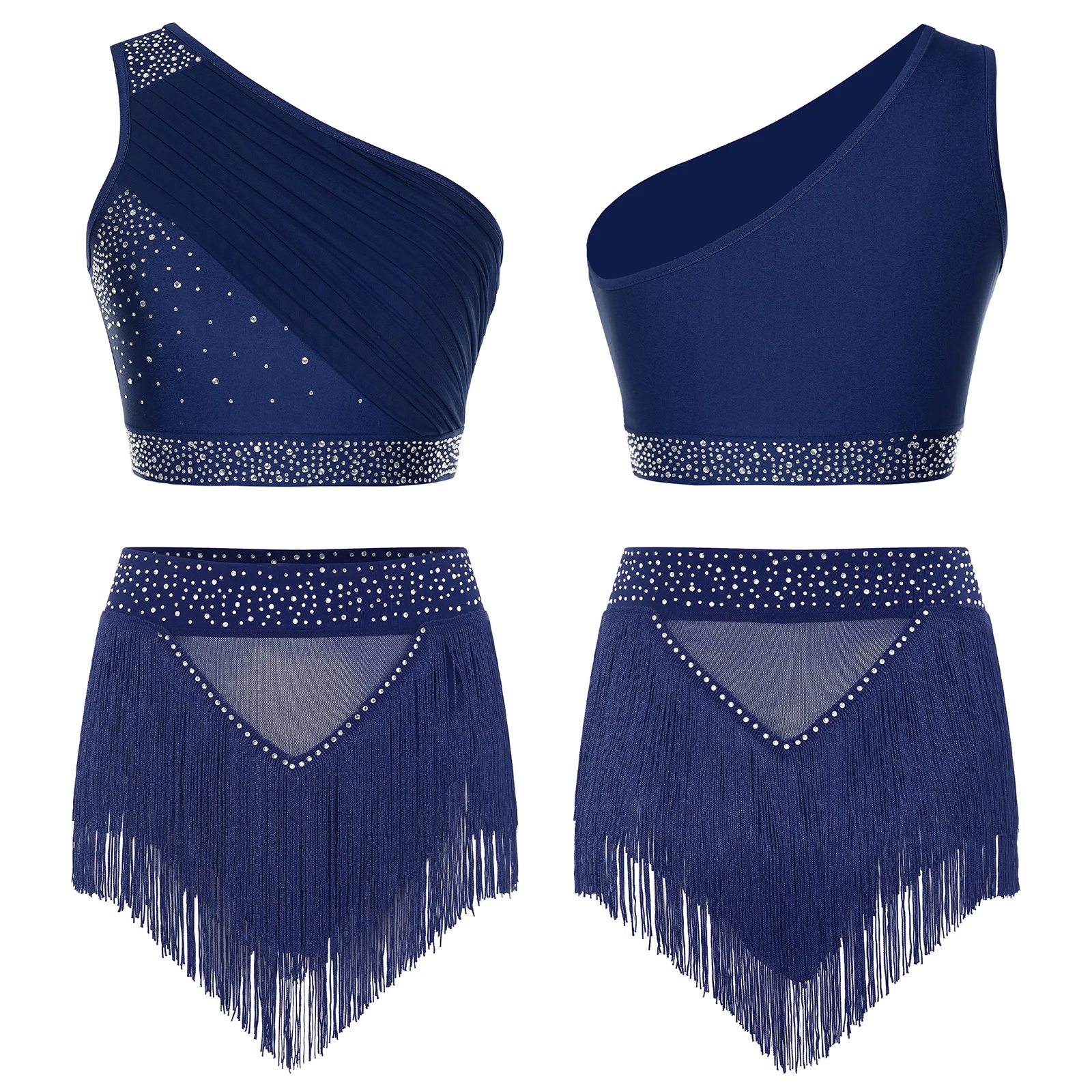 

Womens Latin Cha-cha Dancing Costumes One Shoulder Rhinestone Ruched Tank Crop Top+Tassel Shorts Modern Figure Skating Dancewear