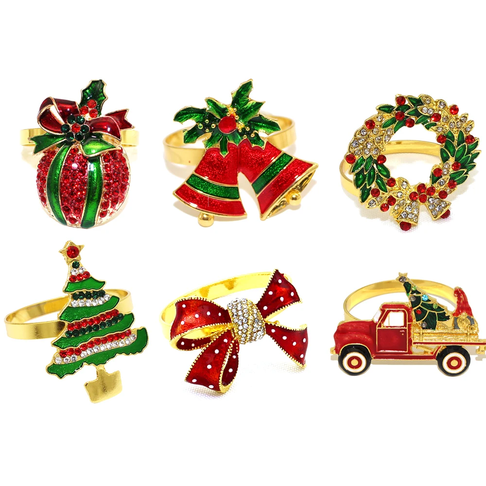 6Pcs Christmas Napkin Ring Set Rhinestone Xmas Tree Bow Bell Car Wreath Napkin Holder Gold Napkin Buckle for Christma Table Deco