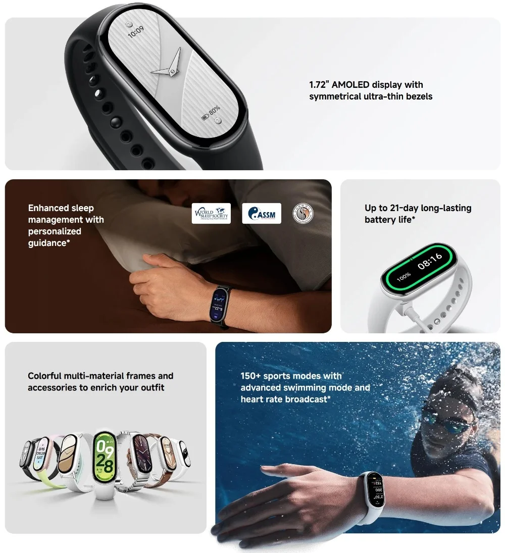 Xiaomi Mi Smart Band 10 الإصدار العالمي 1.72 "AMOLED مراقبة الصحة 21 يومًا بطارية 5ATM مقاوم للماء Smartwatch سوار رياضي