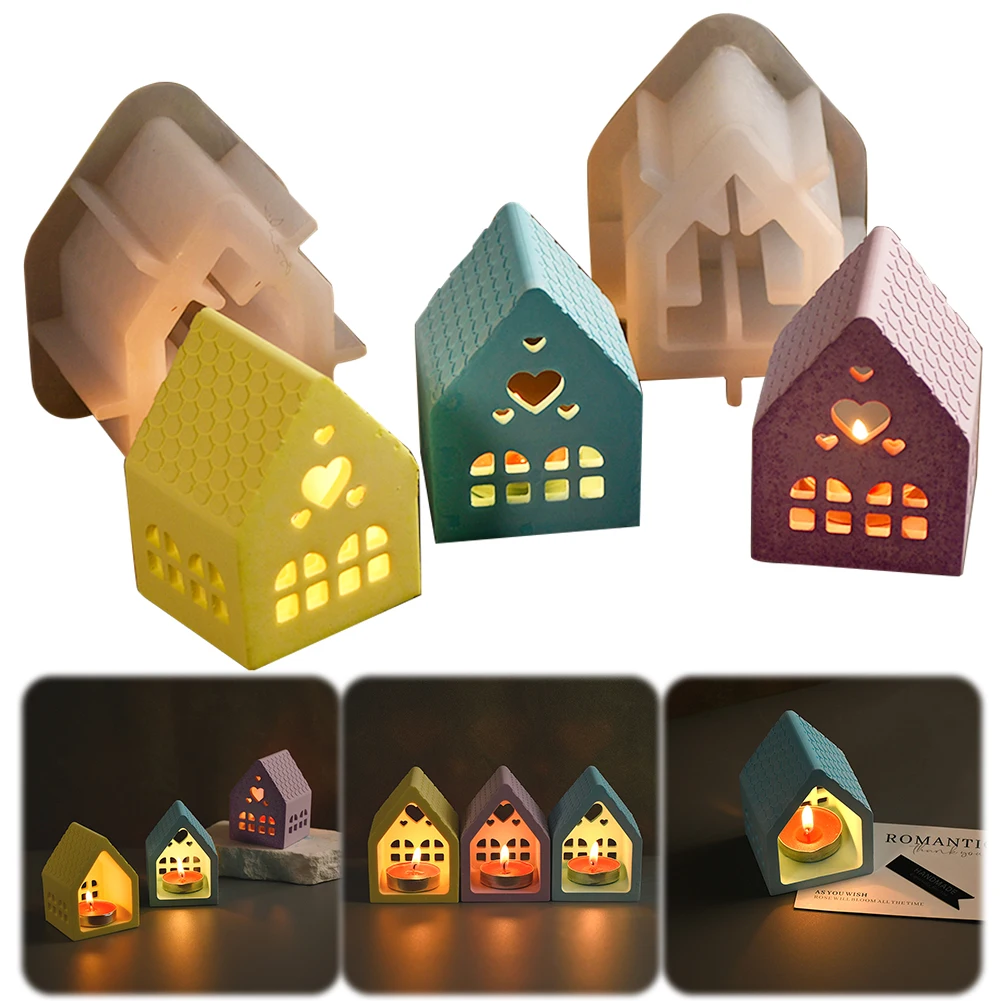 Concrete Candlestick Silicone Mold DIY Small House Candle Holder Cement Plaster Epoxy Resin Molds Home Decoration Casting Tools