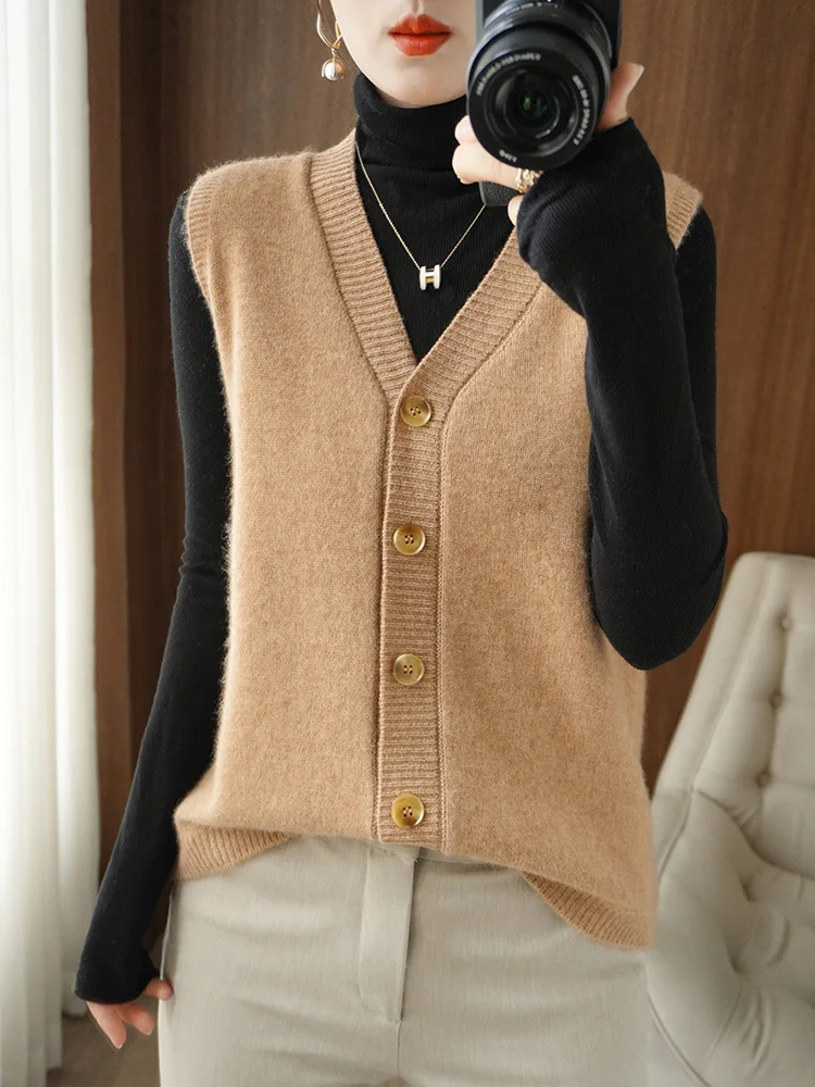 

Merino Wool Cardigan for Women, Knitted Vest, V-neck Pullover, Long Sleeve, Female Jumpers, Top Outerwear, New Arrivals, Fashion