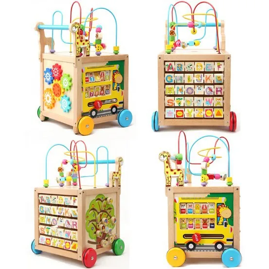 Wooden Educational Learning 4-sided Maze Bead Infant Giraffe Wooden baby walker car Toy