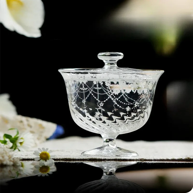 

120ml High Borosilicate Glass High Foot Gaiwan Retro Tea Tureen Tea Bowl with Lid Kit Tea Maker Cover Bowl Drinkware Ornaments