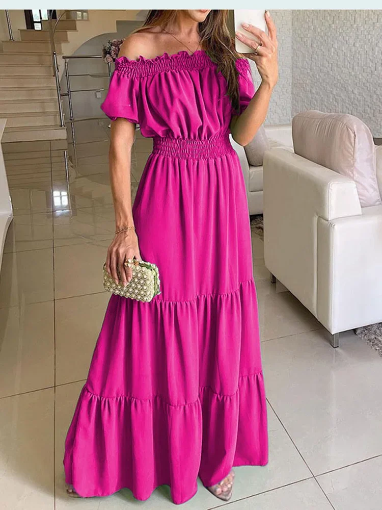 Women Dress Summer Fashion Green Boho Sexy Slash Neck Maxi Dress Elegant Casual Holiday Beach Party Dresses For Woman Robe Femme