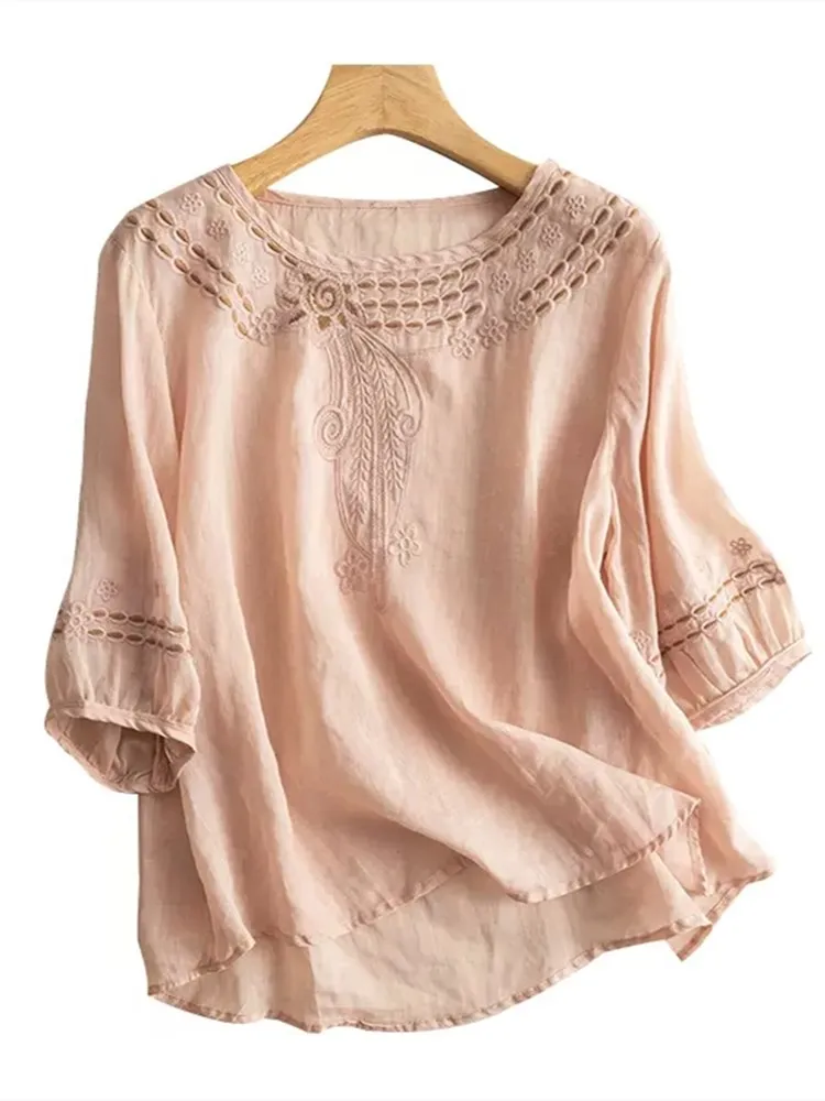 Zwaar borduurwerk linnen katoenmix dames irt zomer 2025, nieuwe artistieke retro losse pasvorm ronde ne katoenen linnen blouse