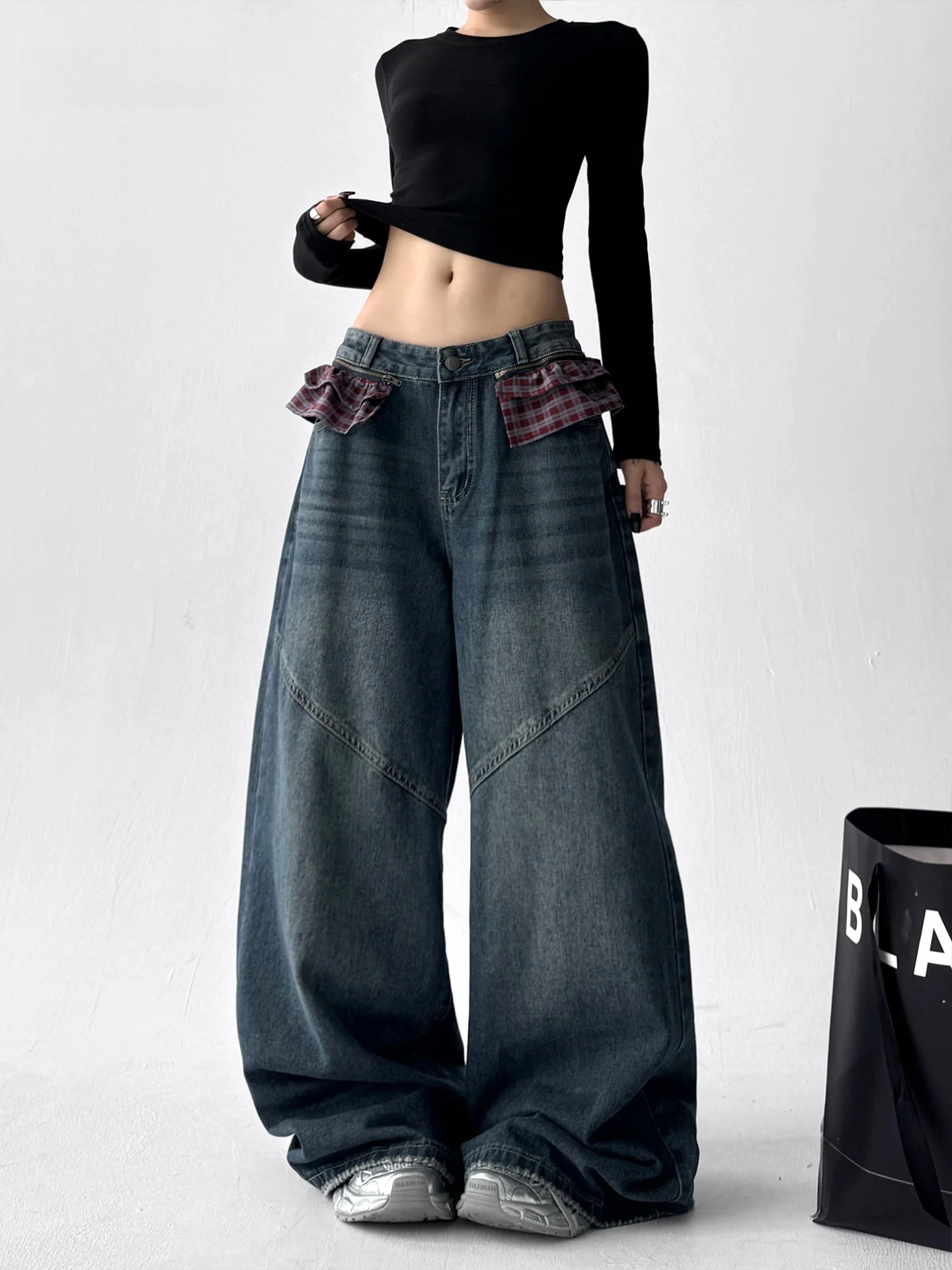 

Винтажные женские джинсы с высокой талией, свободный крой, повседневные широкие брюки Ele Autumn Faion, модные утягивающие брюки для отдыха