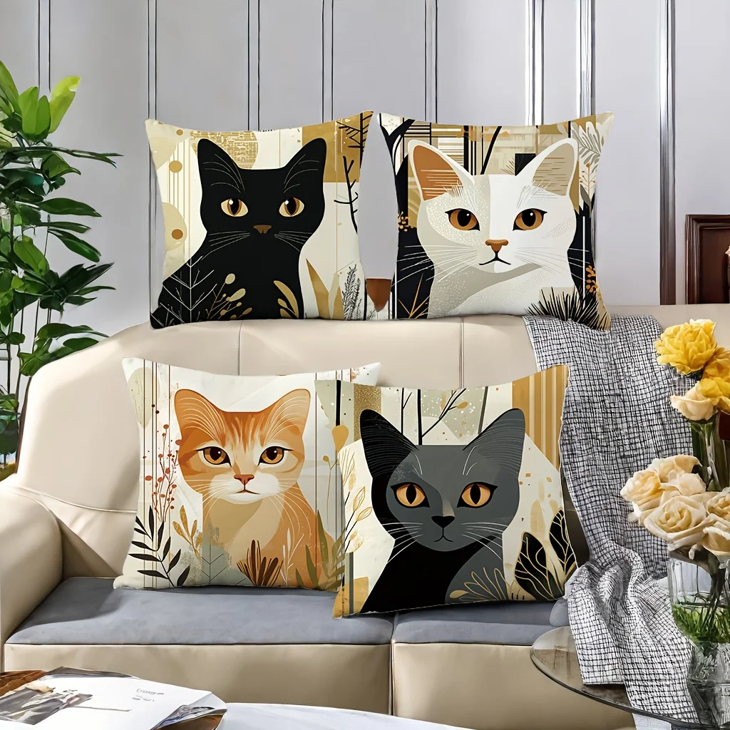 4pcs Cartoon floral cat pattern Single-sided printing Short plush Suitable living rooms bedrooms sofas (excluding pillow cores)