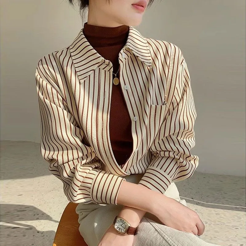 

Дизайнерская повседневная новая полосатая рубашка с длинными рукавами, весенне-осенние топы, универсальные свободные топы для поездок на работу