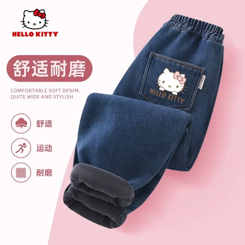 

Hello Kitty Anime Sanrio Fleece Jeans Pants Winter Cute Cartoon Kawaii Warm Children Trousers Clothing Lovely Gifts for Kids