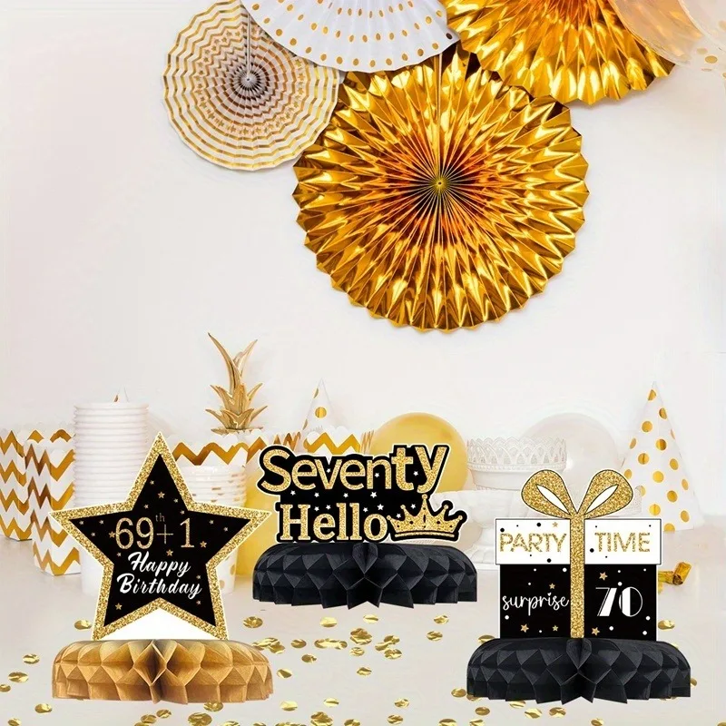 70. Geburtstag Wabendekor-Set, Schwarz-Gold Themen-Tischdekoration mit Kronen- & Champagner-Design für Geburtstagsfeier – Detail 6
