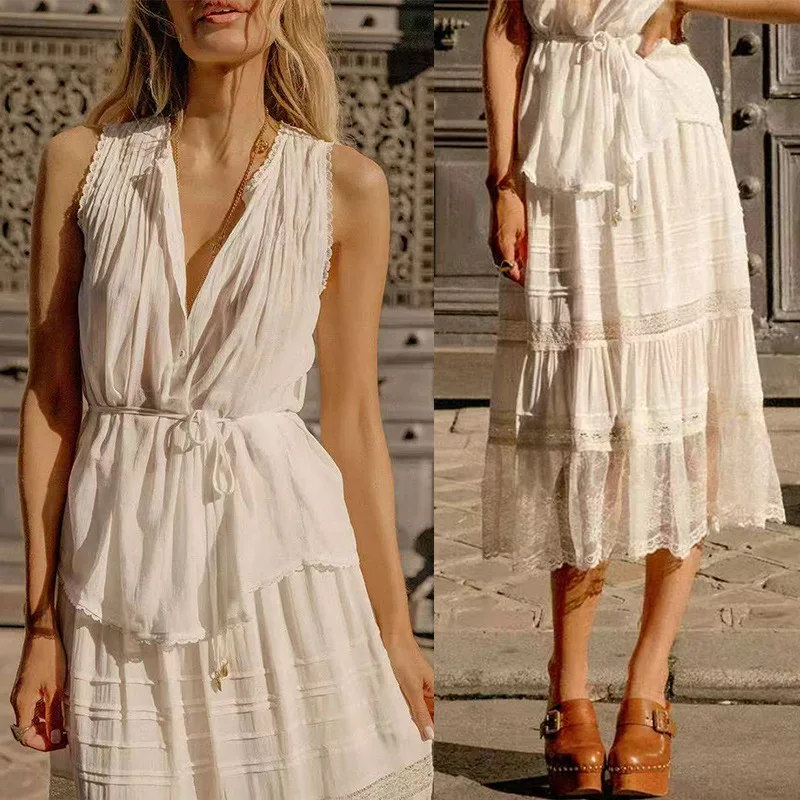 Withered 2026 Summer Breathable Strap Waist Lace Edge Sleeveless Top Mesh Splicing Long Half Skirt
