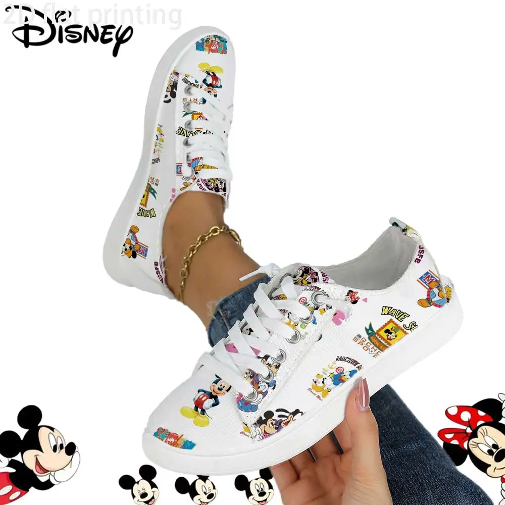 

Disney Mickey & Friends Retro Sticker Print Canvas Sneakers – Casual Low-Top Lace-Up Shoes for Women