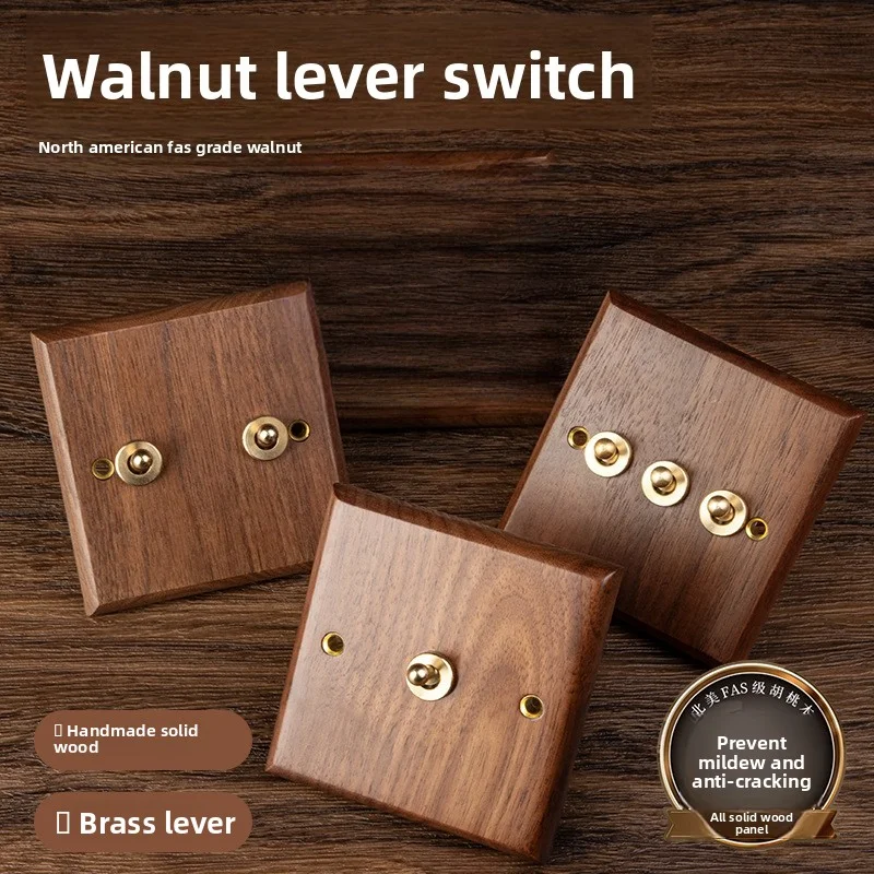 

American Style Black Walnut Solid Wood Switch Panel 86 Type Brass Lever Retro Homestay Moisture-Proof And Anti-Corrosion Switch