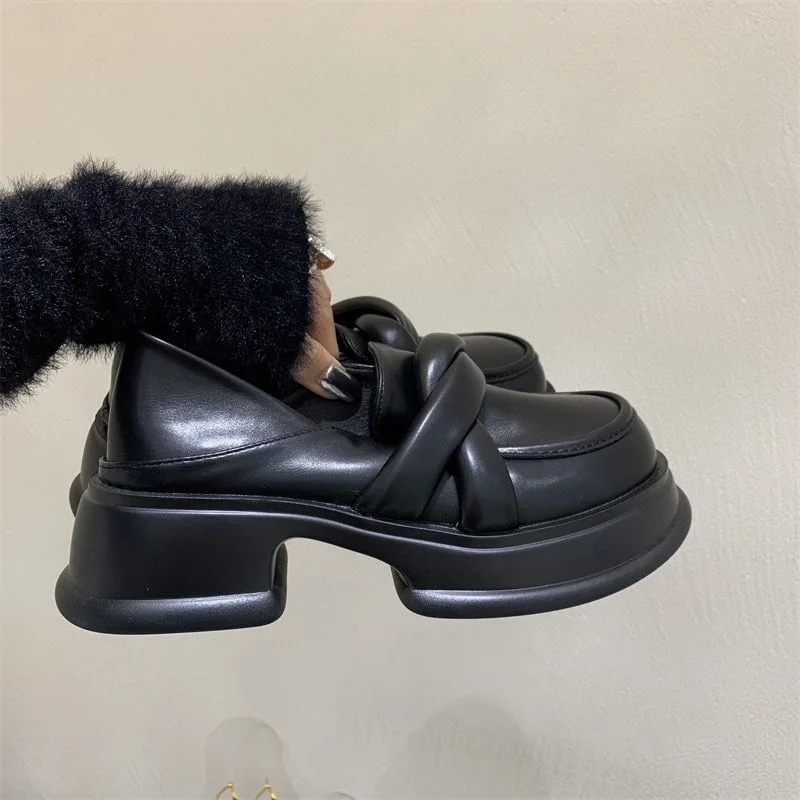 New Black Platform Women Loafers Fashion Round Toe Chunky Heels Retro Flat Shoes Female Slip on Casual Dress Women Pumps