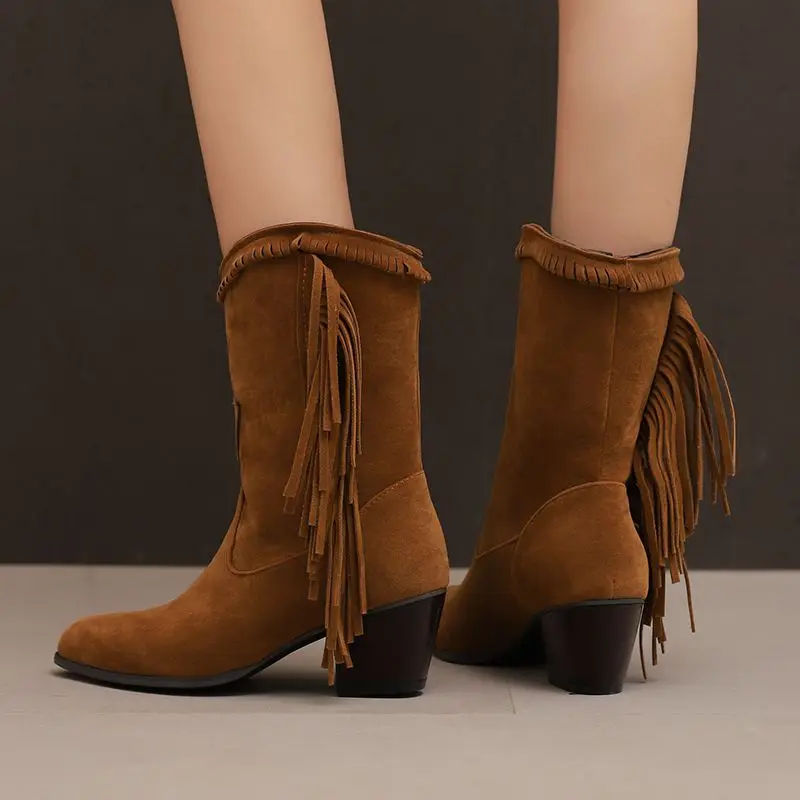 

REAVE CAT 2025 Черный Желтый Флок Замшевые Кисточки Синий Размер 48 Винтажные повседневные ботильоны Женские сапоги до середины икры с круглым носком на блочном каблуке