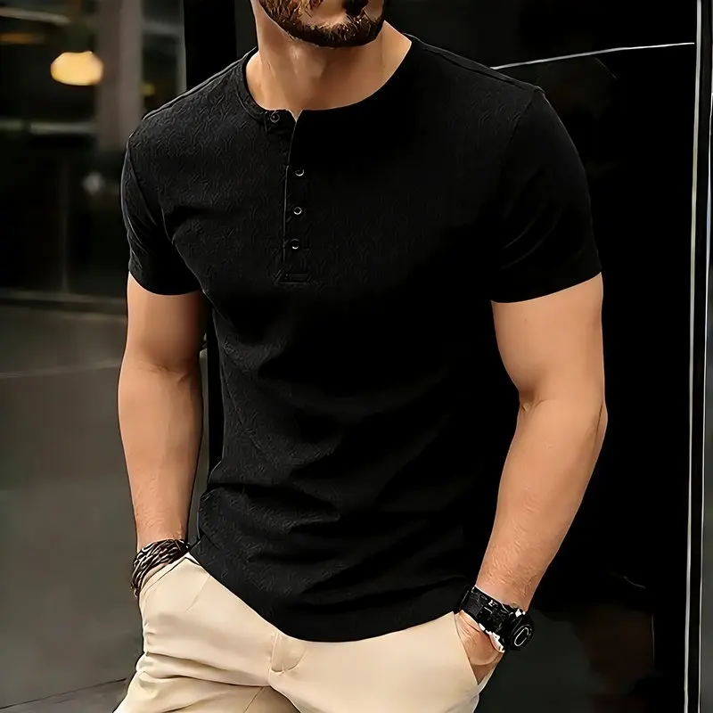 Summer 2026 Men's Short Sleeve T-Shirt Y-Notched Henry Casual Large Size Base Shirt Breathable Polyester Fiber Standard Fit