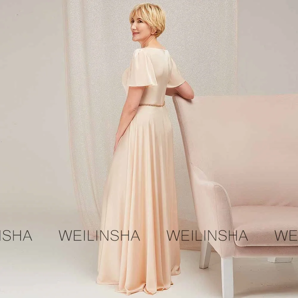 Customized Vintage Champagne Mother of the Bride Dress Satin Sheath/Column Formal Evening Dress O-Neck Beads Long Dress