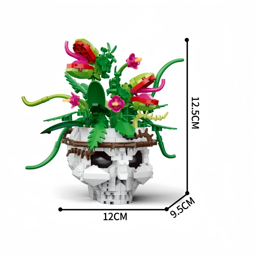 KNEW BUILT Totenkopf-Blumen-Rosen-Ornament Mikro-Bausteine – Schreibtischdekoration, Stressabbauendes Puzzlespielzeug, Gruseliges Geschenk für Halloween – Detail 8