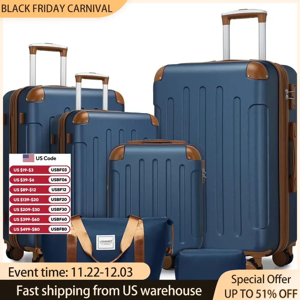 Luggage Sets 6 Piece Expandable Suitcase Set with Double Spinner Wheels TSA Lock, Crafted with strong ABS for durability