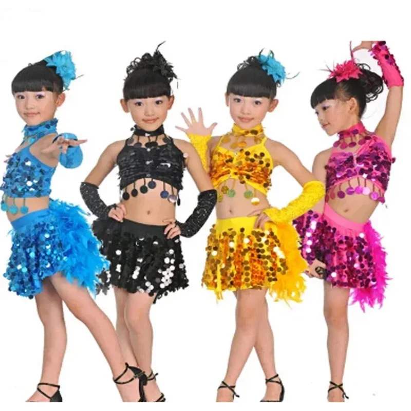 Trajes infantis para meninas e crianças, roupas de dança latina, trajes de penas de samba, vestidos de dança de salão, trajes de dança de lantejoulas m1