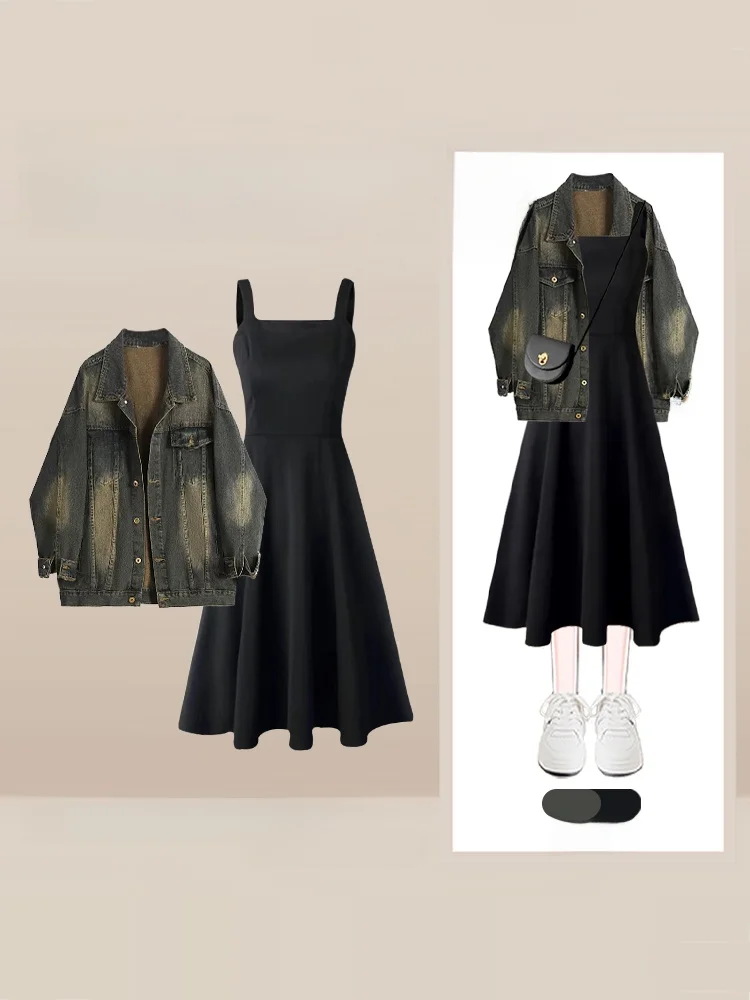

Осенне-зимний американский винтажный джинсовый комплект из куртки и платья миди, женский, антивозрастной, высококачественный модный комплект