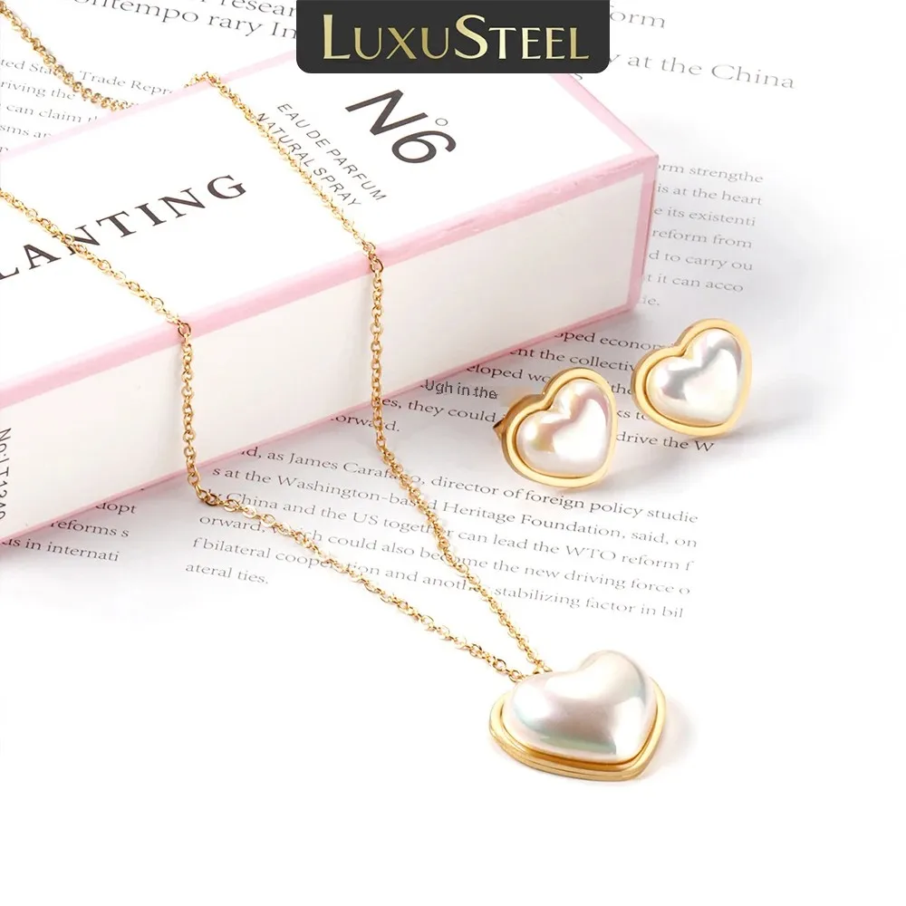 LUXUSTEEL Heart shaped Imitaiton Pearl Pendants Necklace Earring Sets For Women Girl Stainless Steel Chain Necklace Jewelry Gift