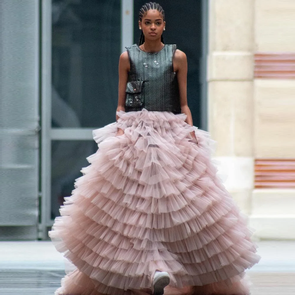 

Gorgeous Dusty Pink Ruffles Bridal Tulle Skirts A-line Tiered Puffy Tutu Skirt Wholesale Lush Mesh Long Party Skirts Female