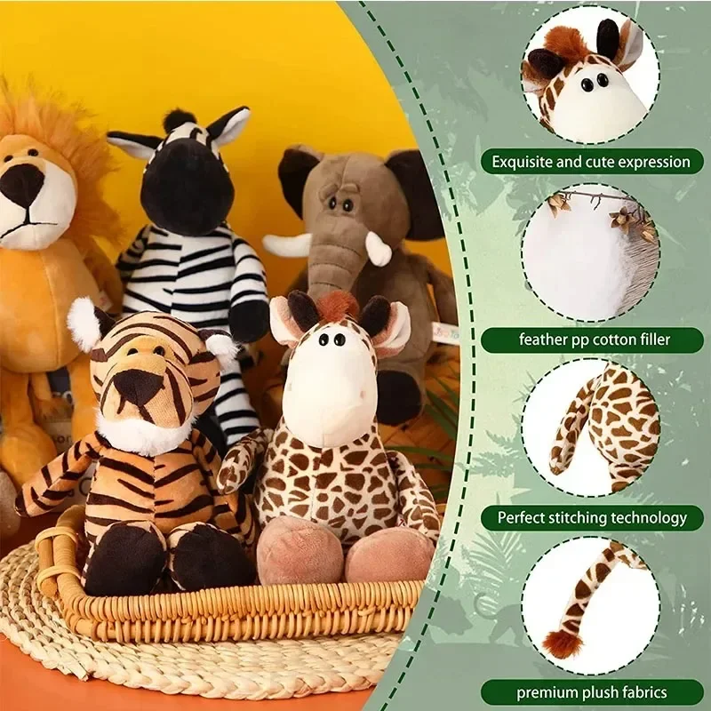 25CM Kawaii Jungle Animal Plush Toys Forest Animal Plush Dog Zebra Elephant Lion Fox Giraffe Children's Toys Doll Birthday Gift