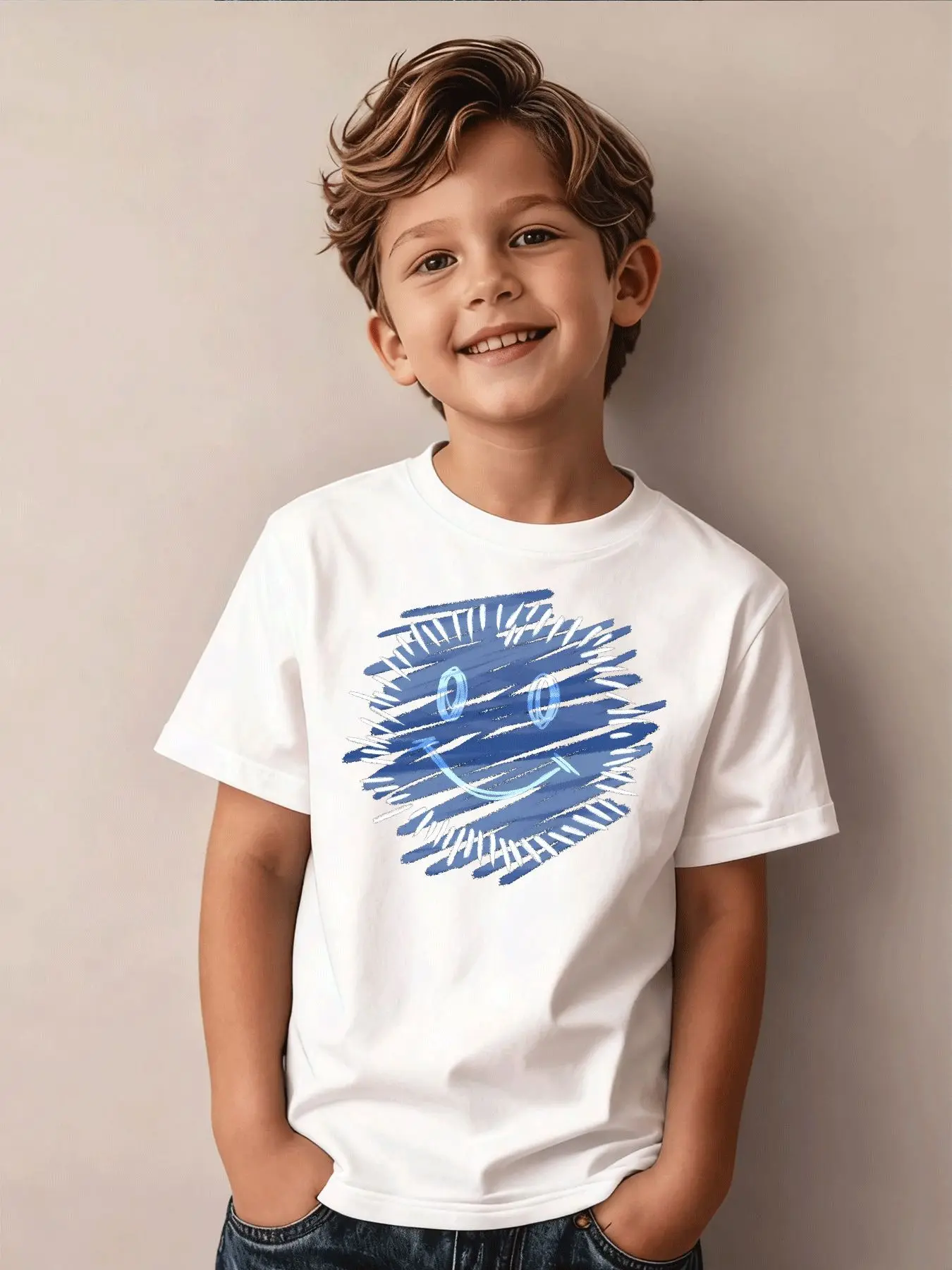 Children's Cotton T-shirt Cute Graffiti Smiley Face Cartoon Print Round Neck Short Sleeved Fashionable Parent-child Top
