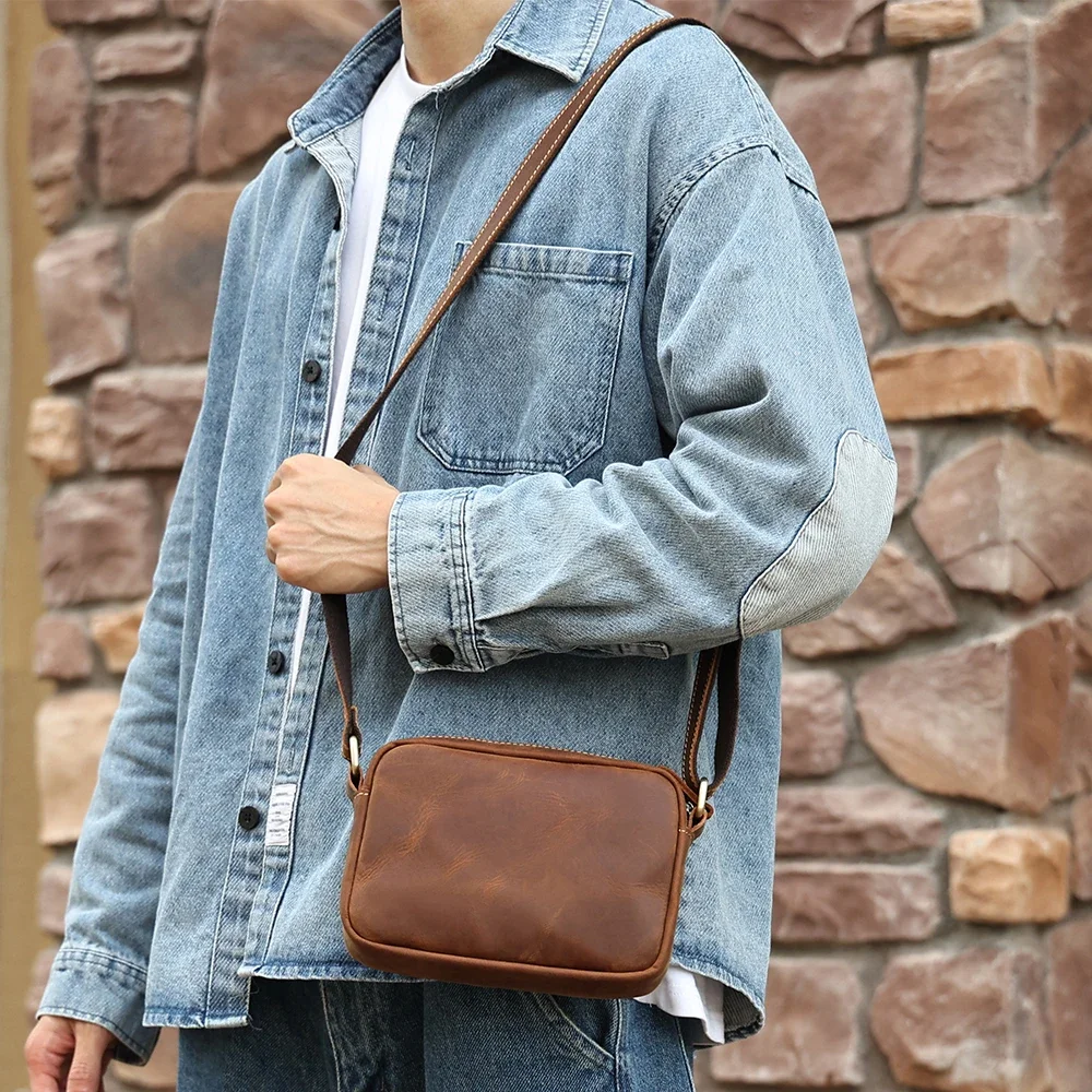 Genuine Leather Men's Shoulder Crossbody Bag Female Simple Retro Small Messenger Bag Ladies Crazy Horse Leather Bags Original