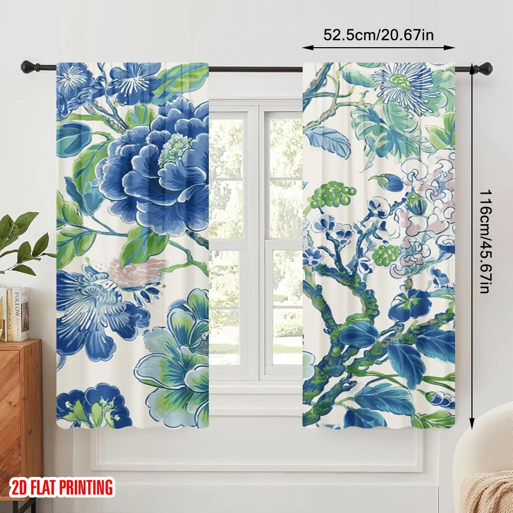 2pcs,2D plane printing Popular Curtain Panels Blue-Green Floral Symphony Polyester Fabric (without rod) Holiday for Bedroom,