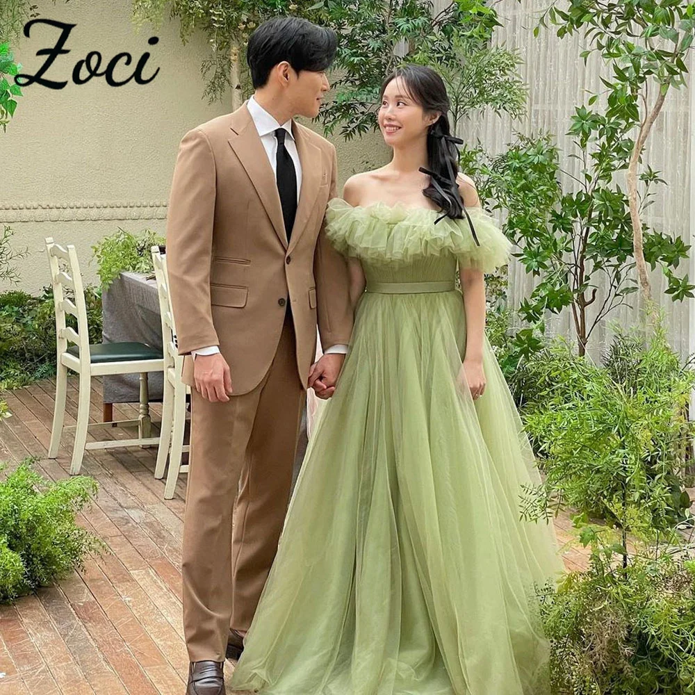 

Zoci Ruffles Boat Neck Green Korea Evening Dress A-line Puffy Off Shoulder Wedding Dresses Photo Shoot Customized Bridal Gown