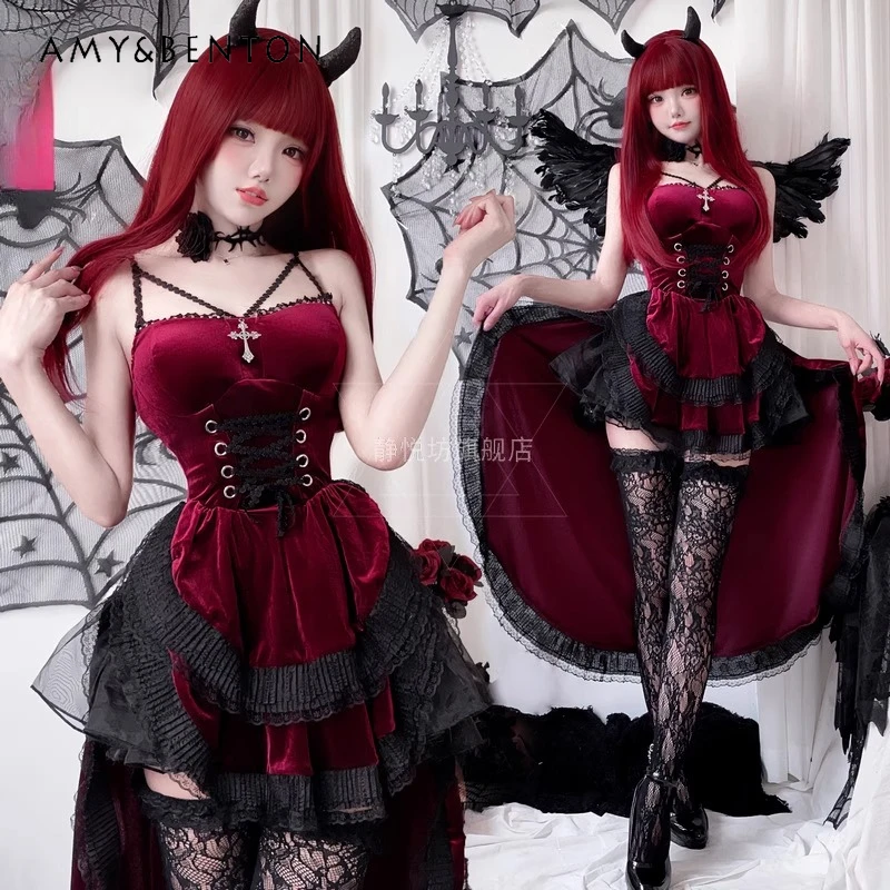 

European American Dark Gothic Halloween Lace-Up Splicing Women's Clothing Original Sexy Irregular Swallowtail Strap Dress Ladies