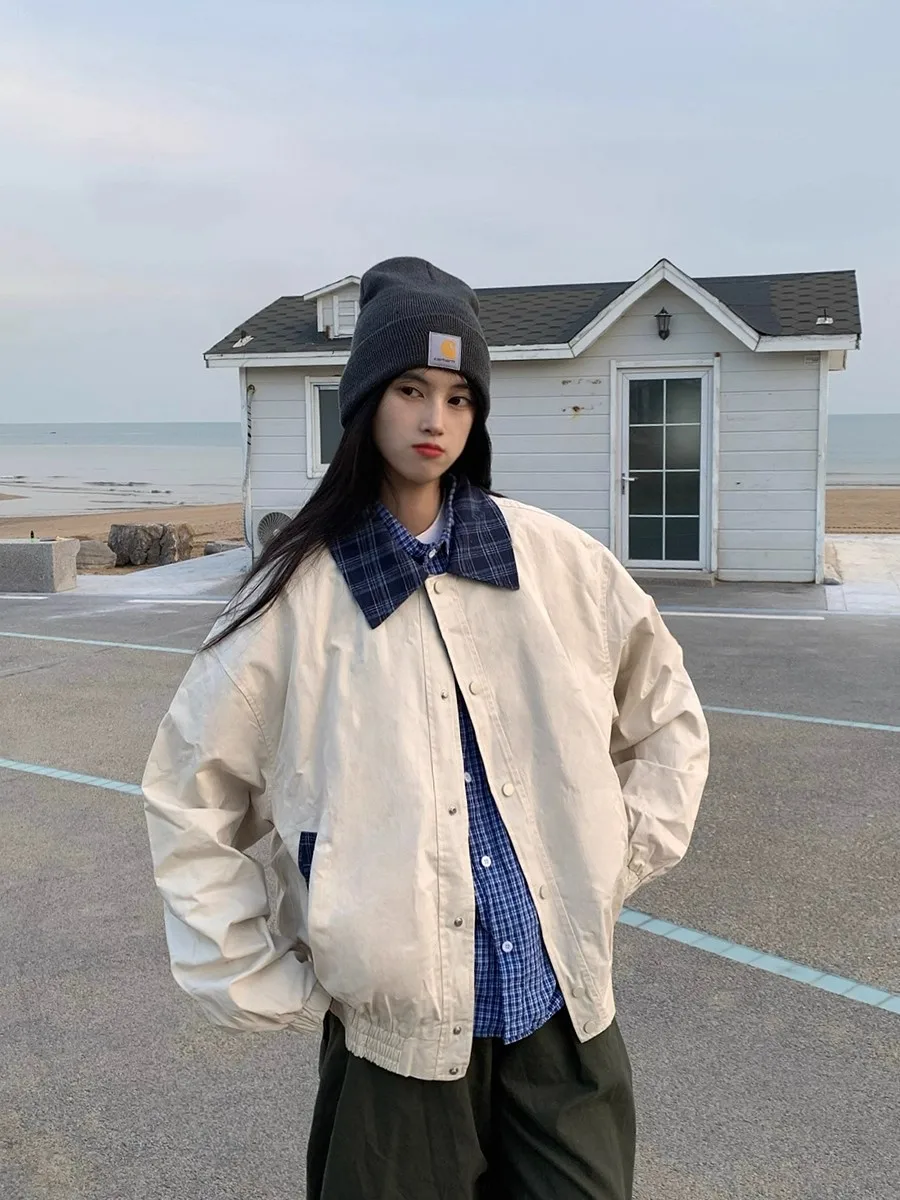 

Американский ретро-пиджак в клетку с воротником, свободный повседневный, для весны и осени, стильная рабочая одежда для пар, трендовый