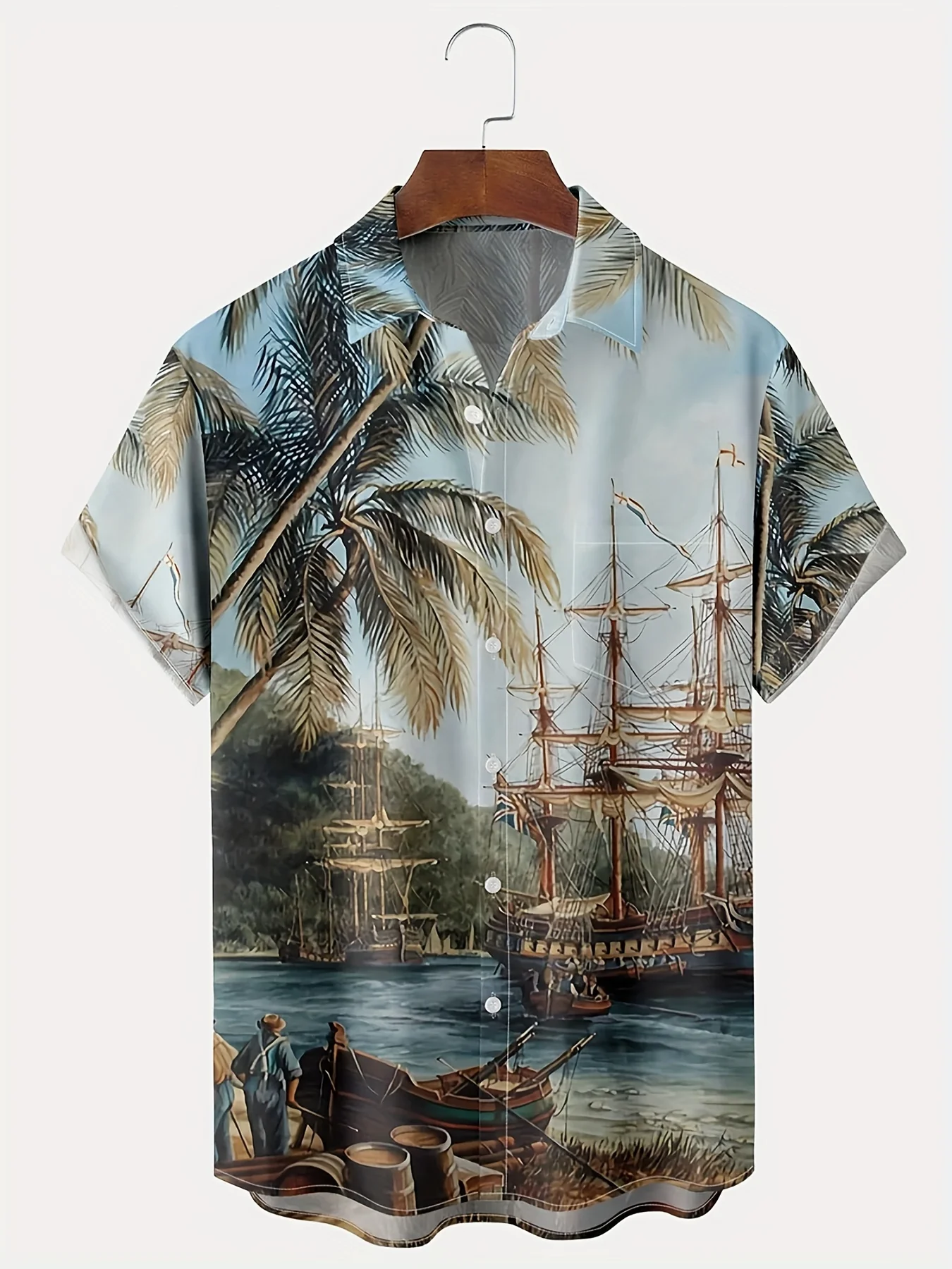 

Plus Size Men's Hawaiian Coconut Tree Landscape Print Button Down Chest Pocket Shirt, Casual Lapel Summer Shirt Holiday Shirt