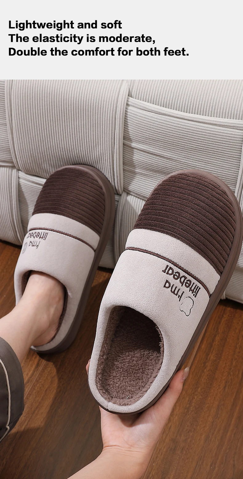 Winterwarme Herren-Hausschuhe mit niedlicher Bären-Stickerei, Plüsch-Fleece-Futter, dicke Plattform, rutschfest, für drinnen, Zuhause, Schlafzimmer. – Detail 9