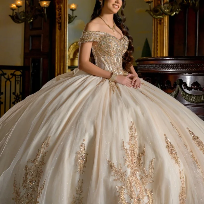 

Light Champagne Quinceanera Dresses Off the Shoulder Glitter Crystal Decal Long tail Bow Vestidoe 15 Quinceanera Customize