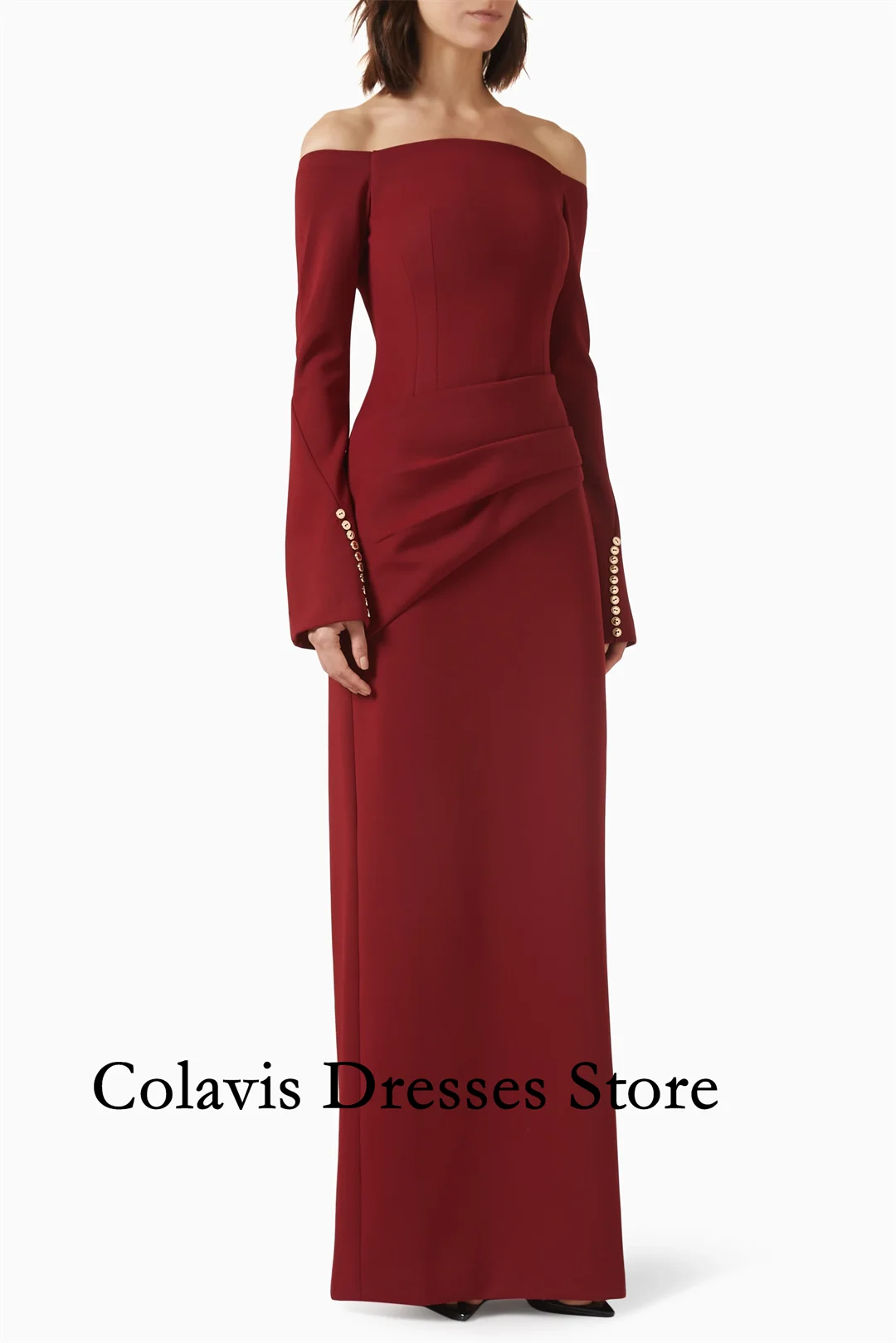 

2025 Customized Off-Shoulder Falre Sleeves Mermaid Crepe Prom Dresses Evening Dress Women Evening Gowns Formal Party Dress