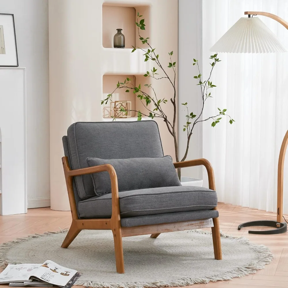 Mid Century Modern Dark Grey Linen Accent Chair, Comfortable Lounge Armchair for Living Room and Reading Area