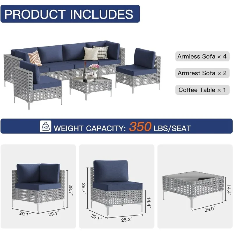 

7PCS Outdoor Patio Furniture Set, Grey Rattan Sectional Sofa with Thick Cushions and Glass Top Table
