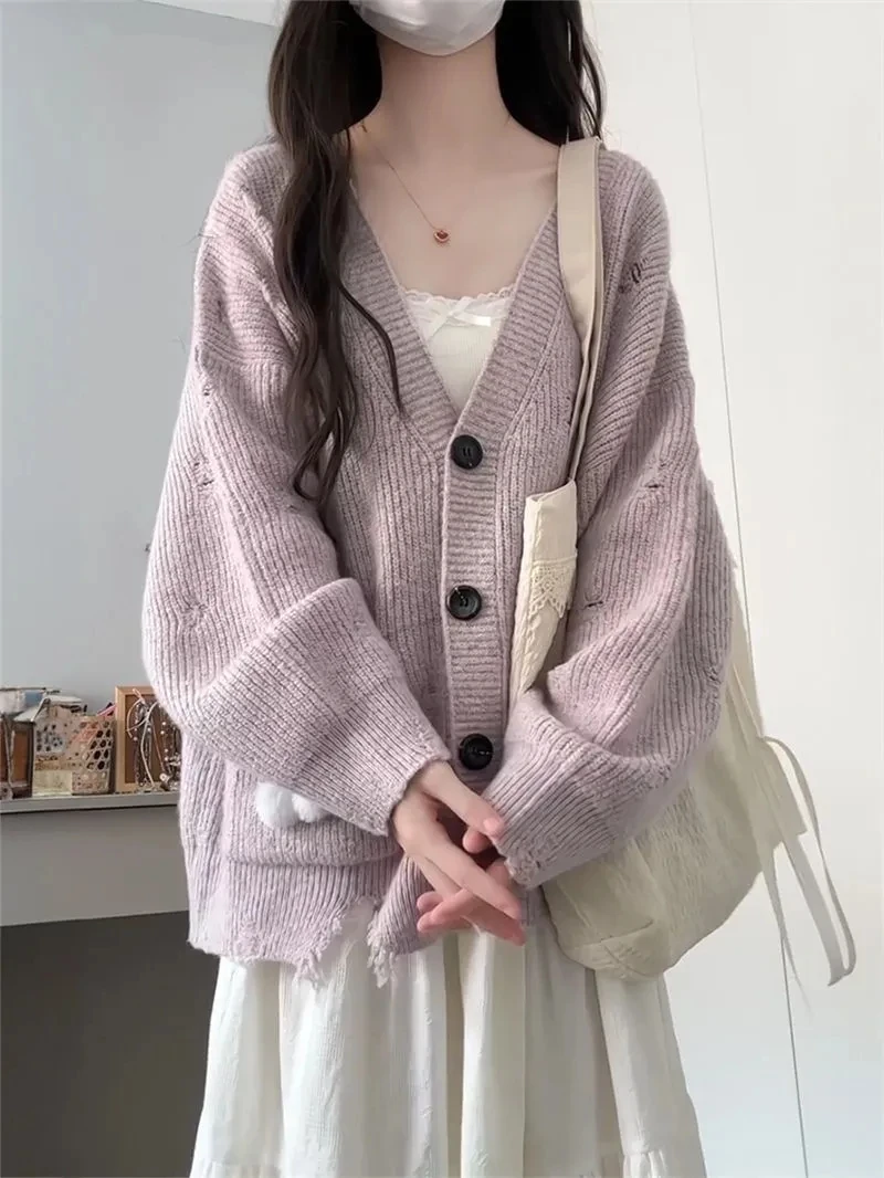 

White Lace Trim Strap dress Fresh Purple Lazy Vibe Loose Knit Sweater Two-piece Set