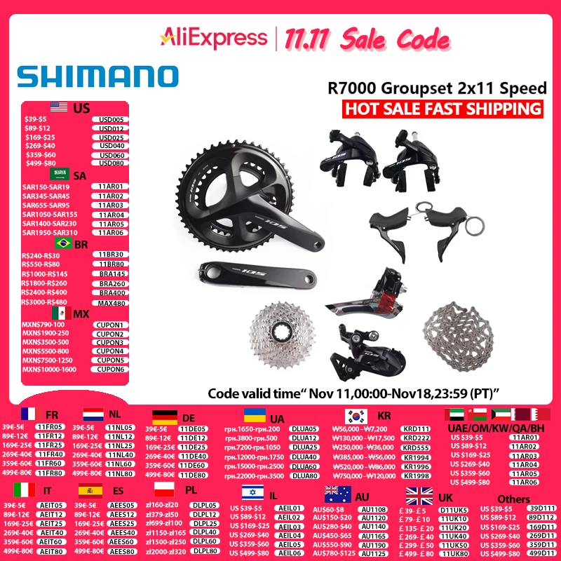 Shimano 105 R7000 2x11Speed Group 170MM 172.5MM 175MM 50-34T Crankset HG601 Chain FD R7000 RD SS/GS 28T Road Bike Rim Groupset