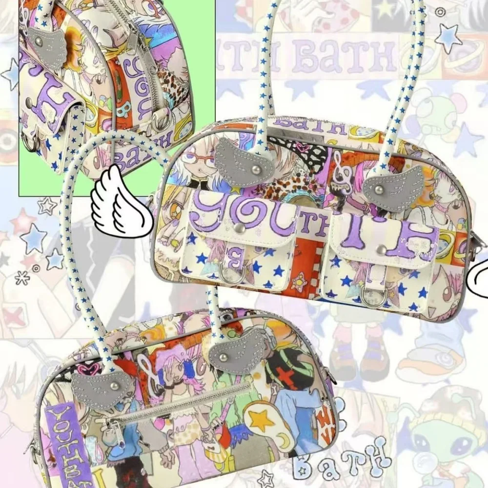 y2k-アニメコミックプリントショルダーバッグヴィンテージかわいい漫画トートハンドバッグサブカルチャー原宿スパイシーガール装飾アクセサリー