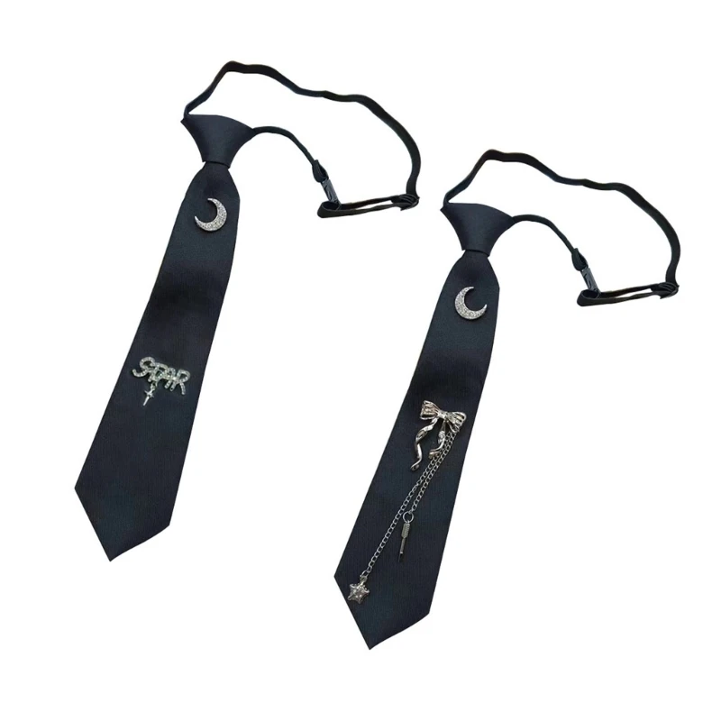 MXMB Black Ties with Tassels and Moon Star Charm Gothic Punk Uniform Pre Tied Necktie